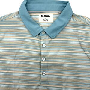 Linksoul Polo Shirt Mens M Blue Tan Striped Luxury Cotton Short Sleeve Golf Tee